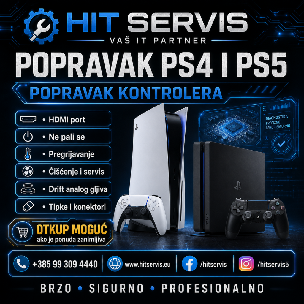 Popravak PS4 i PS5 konzola i kontrolera u HIT servisu uz mogućnost slanja na servis putem BOX NOW paketomata